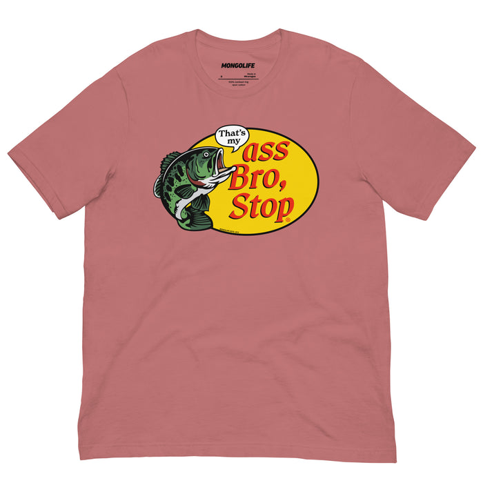 Mauve pink tee featuring a bold parody fish logo for fishing fans