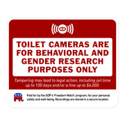 Large 5.5-inch humorous restroom sticker warns about toilet camera surveillance 'for research only' with mock legal threat and GOP 'Freedom Watch' seal, isolated on white.