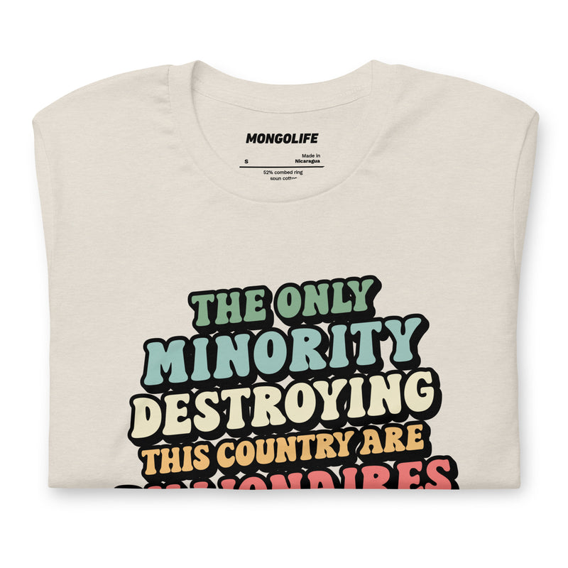Folded natural t-shirt showing multicolor retro anti-billionaire print in bold bubble letters.