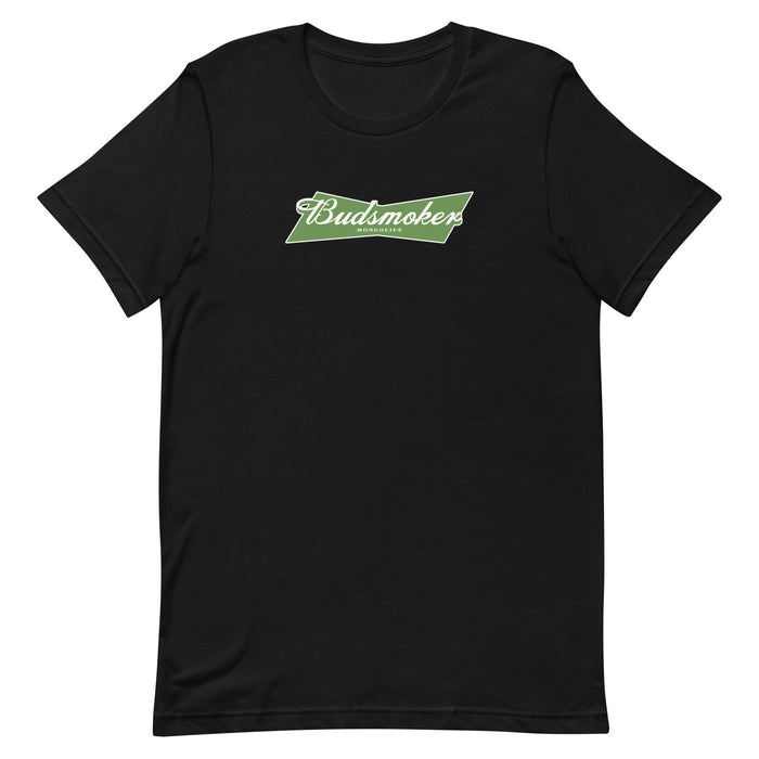 black  t-shirt with Budsmoker parody logo, blending cannabis and beer culture humor.