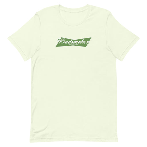 citron color t-shirt with Budsmoker parody logo, blending cannabis and beer culture humor.