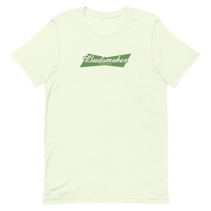 citron color t-shirt with Budsmoker parody logo, blending cannabis and beer culture humor.