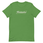 leaf green t-shirt with Budsmoker parody logo, blending cannabis and beer culture humor.