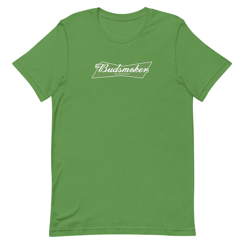 leaf green t-shirt with Budsmoker parody logo, blending cannabis and beer culture humor.