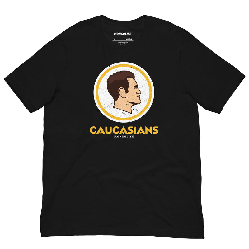 Flat view of the ‘Caucasians’ T-shirt in black, showcasing a bold sports-style logo with a satirical design.