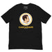 Flat view of the ‘Caucasians’ T-shirt in black, showcasing a bold sports-style logo with a satirical design.