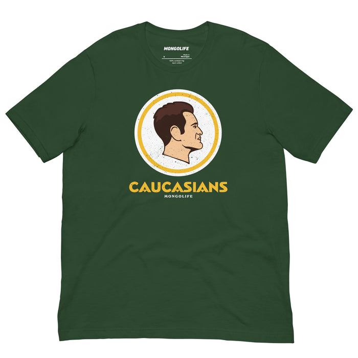 Flat view of the ‘Caucasians’ T-shirt in forest green, featuring a striking and satirical sports-themed logo design.