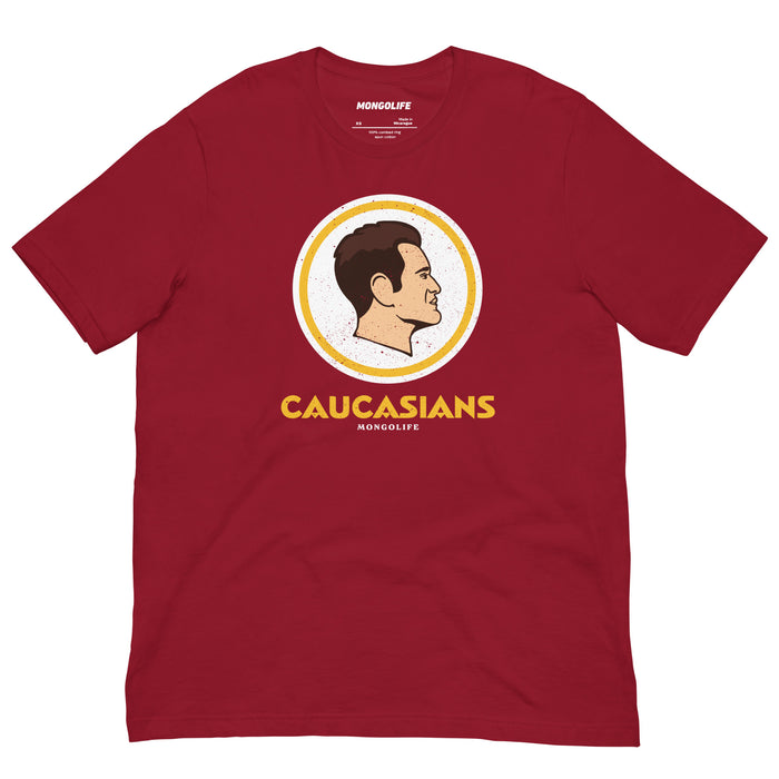 Flat view of the ‘Caucasians’ T-shirt in cardinal red, featuring a satirical design of a profile illustration in a circular sports-style logo.