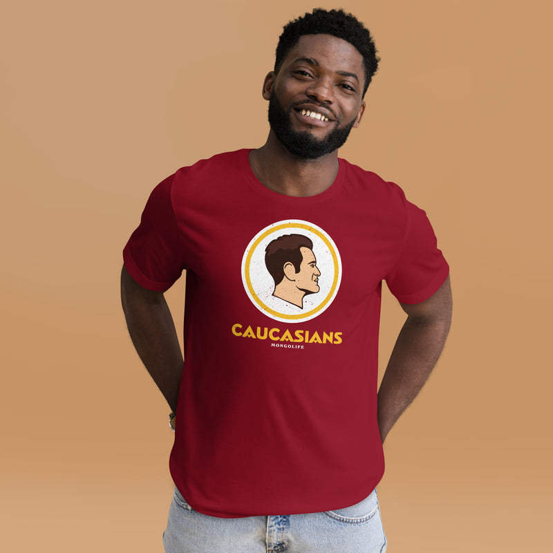 Male model wearing the ‘Caucasians’ T-shirt in cardinal red, styled casually to showcase its satirical sports logo design.
