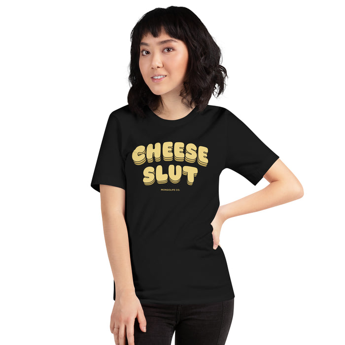 Woman wearing a black Cheese Slut T-Shirt from Mongolife