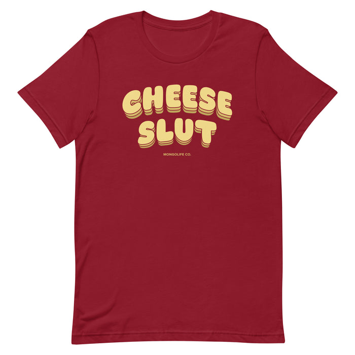 Cardinal red “Cheese Slut” T-shirt with bold, melty yellow lettering.