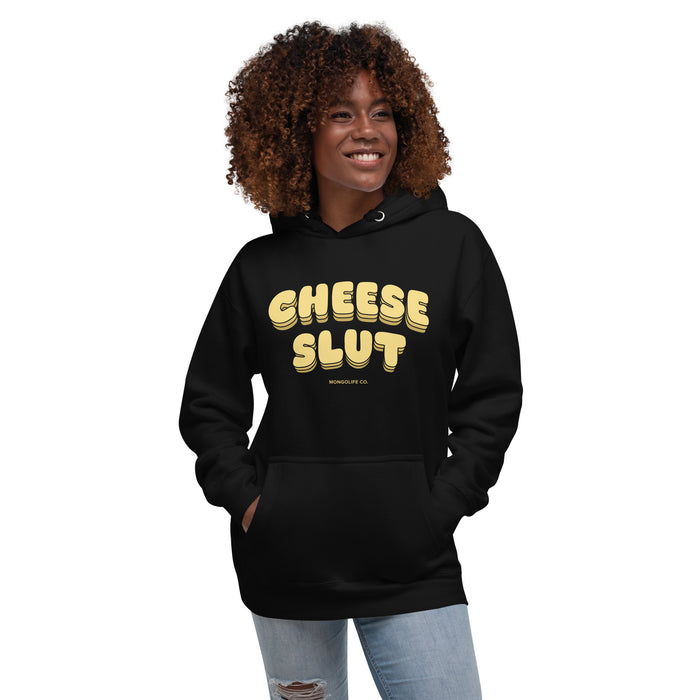 Smiling female model wearing the black Cheese Slut hoodie, styled casually for a fun and cozy look.