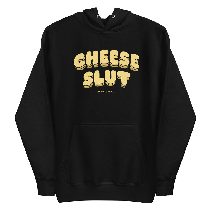 Cheese Slut hoodie in black with bold yellow lettering, offering a fun and cozy style for cheese enthusiasts.