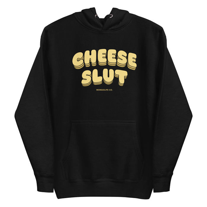 Cheese Slut hoodie in black with bold yellow lettering, offering a fun and cozy style for cheese enthusiasts.