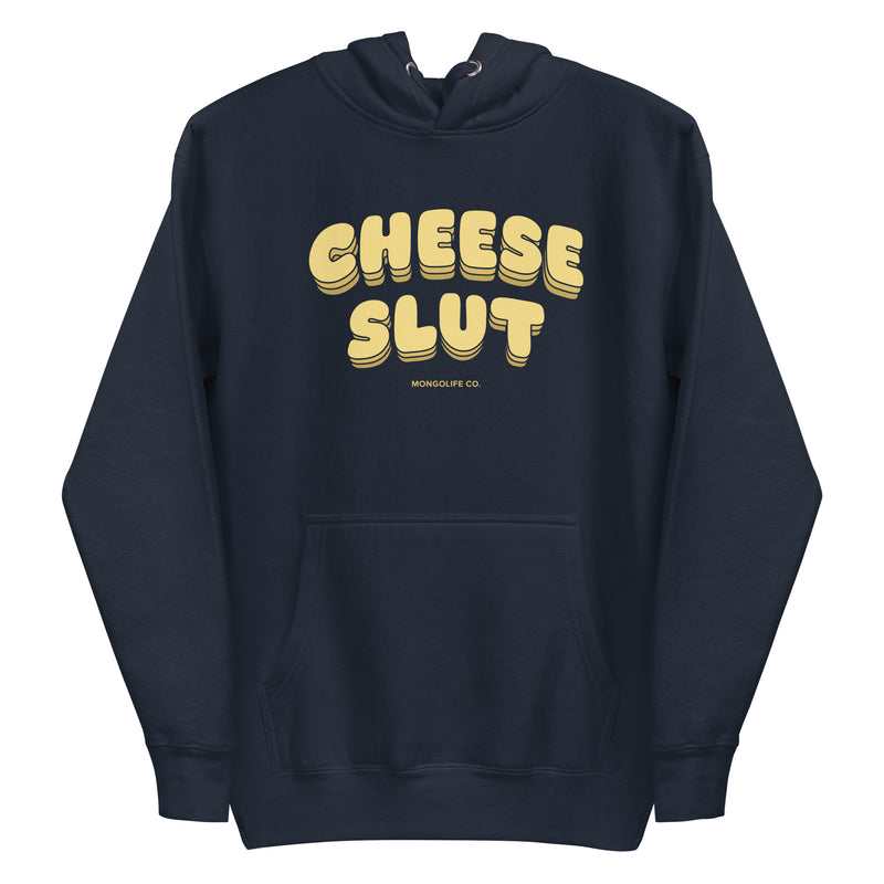 Cheese Slut hoodie in navy featuring chunky yellow text, ideal for food lovers who enjoy quirky humor.