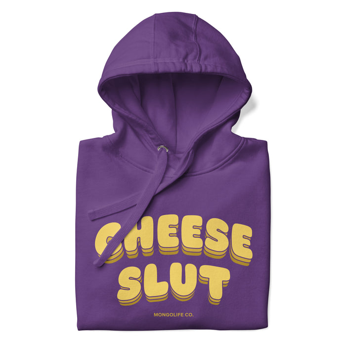 Close-up view of the hood on the purple Cheese Slut hoodie, showcasing the vibrant design and soft material.