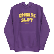 Cheese Slut hoodie in purple featuring bold yellow melty lettering, perfect for foodies and cheese lovers.