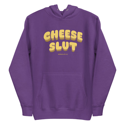 Cheese Slut hoodie in purple featuring bold yellow melty lettering, perfect for foodies and cheese lovers.