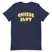 Navy blue “Cheese Slut” T-shirt with bold, melty yellow lettering.
