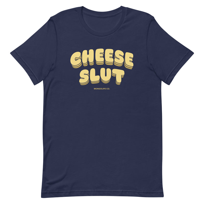 Navy blue “Cheese Slut” T-shirt with bold, melty yellow lettering.
