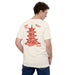 Person wearing vintage white Chinese takeout tee showing large red pagoda design on back