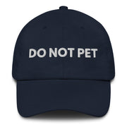 navy dad hat with do not pet embroidered in white funny antisocial baseball cap