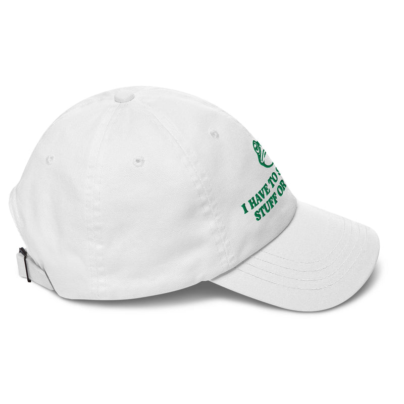 right side of white say weird stuff frog dad hat green embroidery funny quote cap
