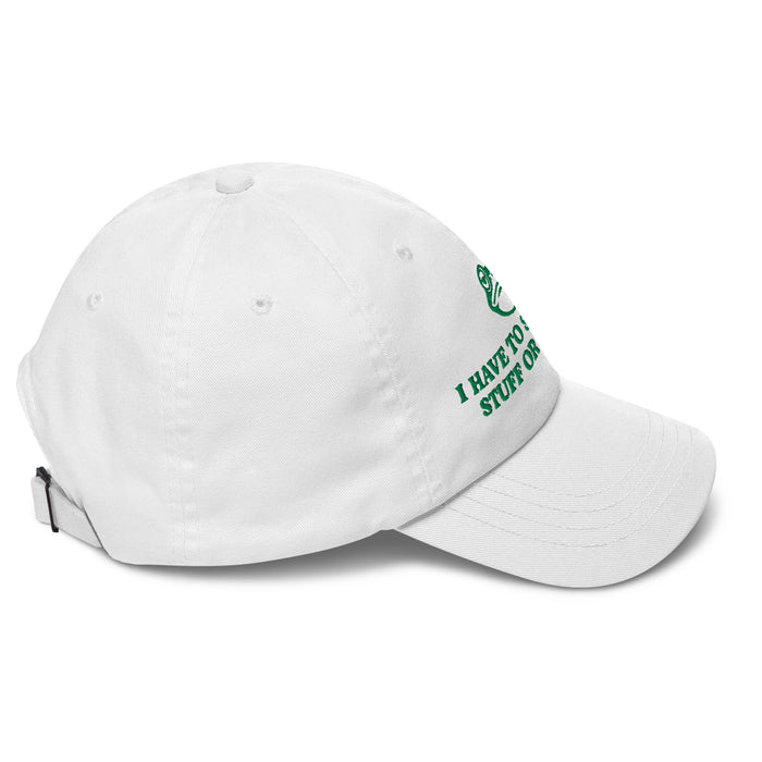 right side of white say weird stuff frog dad hat green embroidery funny quote cap