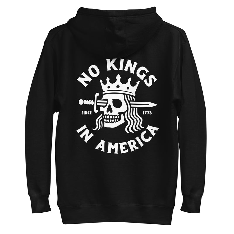 black hoodie with "No Kings in America" design (back)