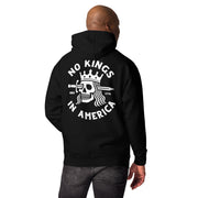 black hoodie with "No Kings in America" design (back)