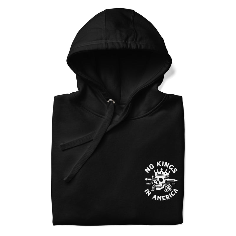 black hoodie with "No Kings in America" design (front)