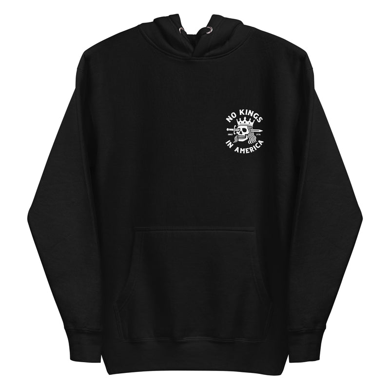 black hoodie with "No Kings in America" design (front)