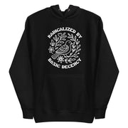 black hoodie with "Radicalized By Basic Decency" design (front)