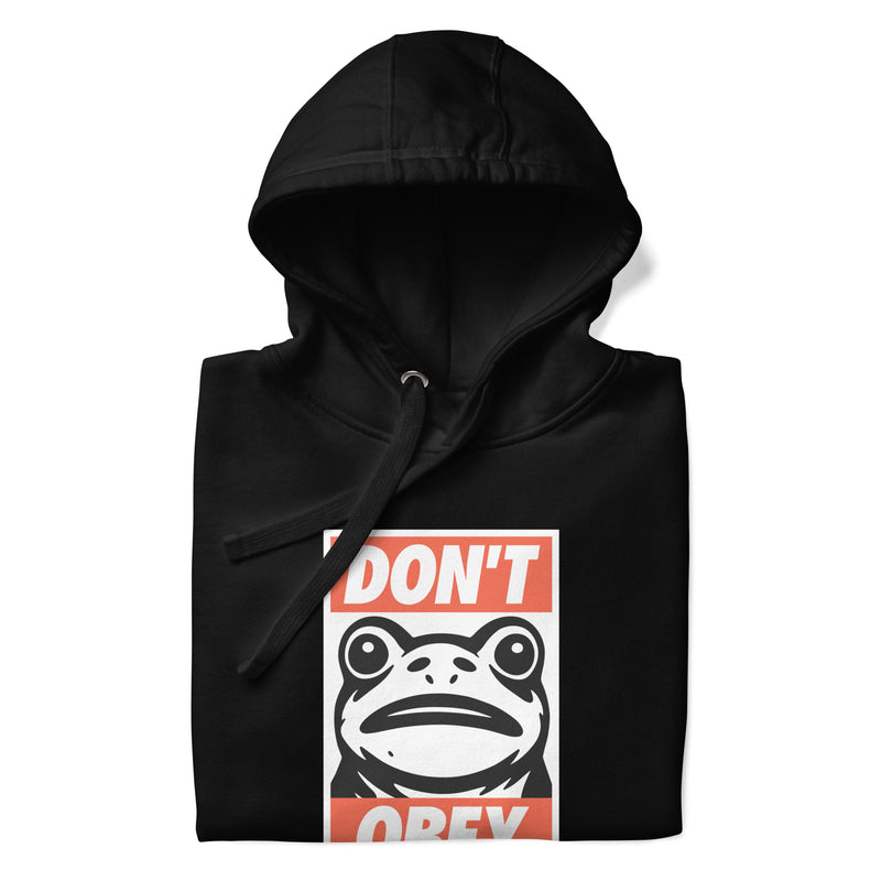black hoodie with "Portland Frogs Don't Obey" design (front)