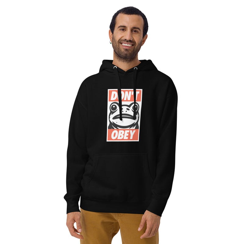 black hoodie with "Portland Frogs Don't Obey" design (front)