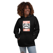 black hoodie with "Portland Frogs Don't Obey" design (front)