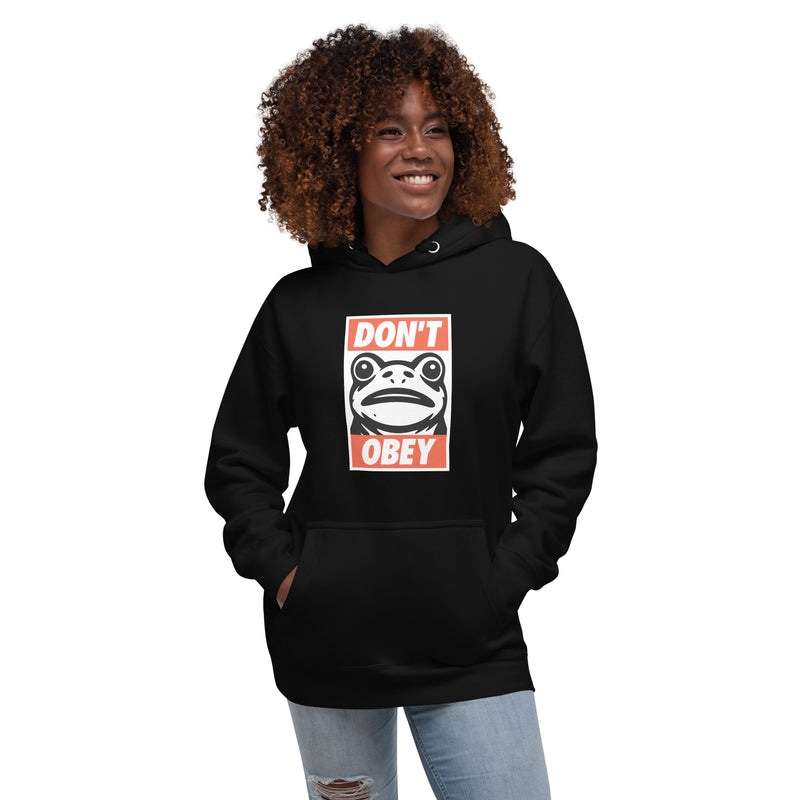 black hoodie with "Portland Frogs Don't Obey" design (front)