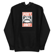 black hoodie with "Portland Frogs Don't Obey" design (front)