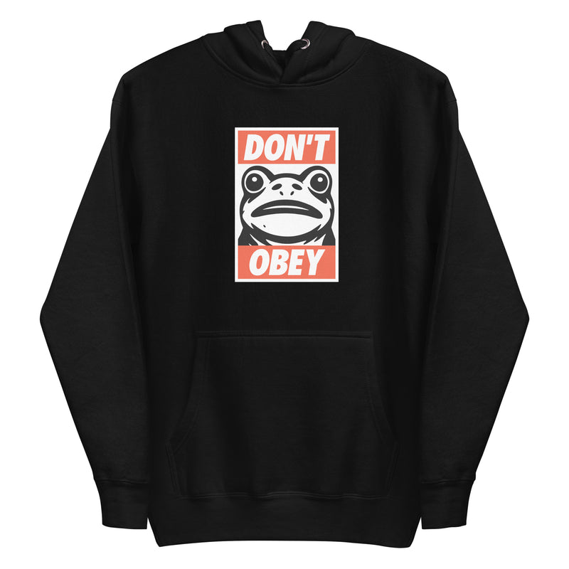 black hoodie with "Portland Frogs Don't Obey" design (front)
