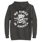 charcoal heather hoodie with "No Kings in America" design (back)