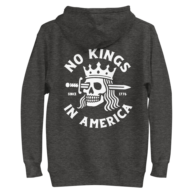 charcoal heather hoodie with "No Kings in America" design (back)