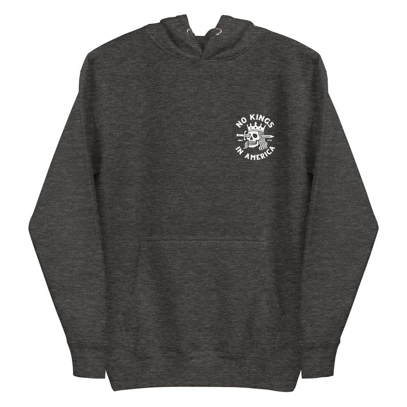 charcoal heather hoodie with "No Kings in America" design (front)