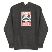charcoal heather hoodie with "Portland Frogs Don't Obey" design (front)