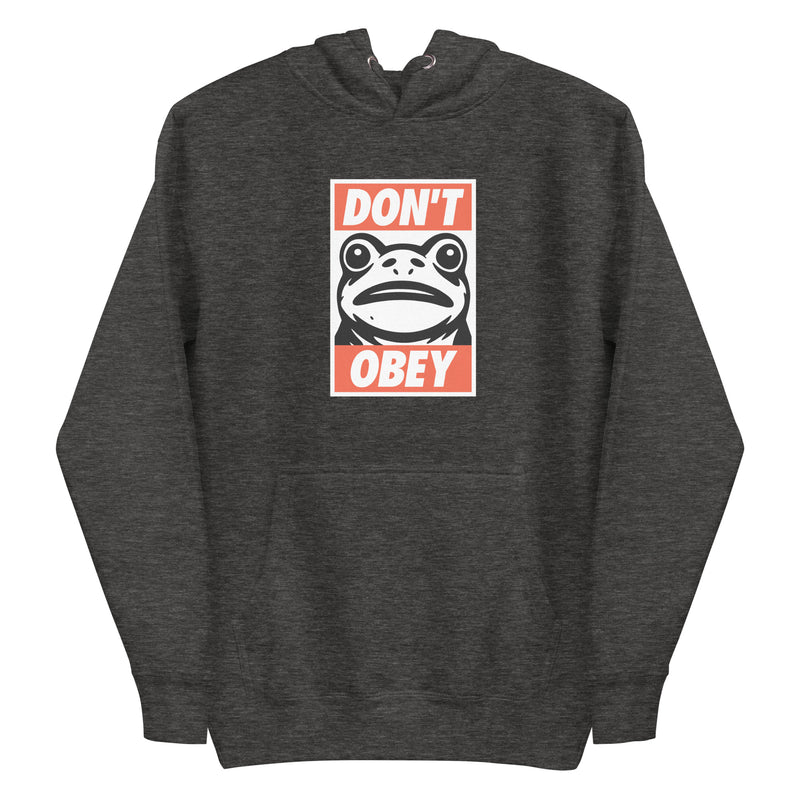 charcoal heather hoodie with "Portland Frogs Don't Obey" design (front)