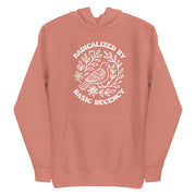 dusty rose hoodie with "Radicalized By Basic Decency" design (front)