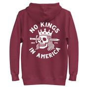 maroon hoodie with "No Kings in America" design (back)