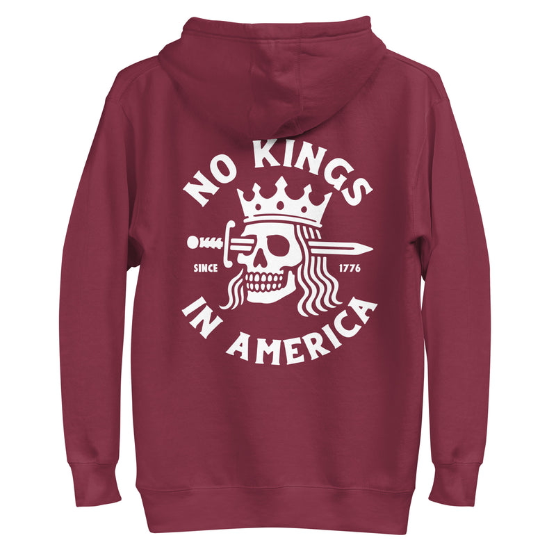 maroon hoodie with "No Kings in America" design (back)