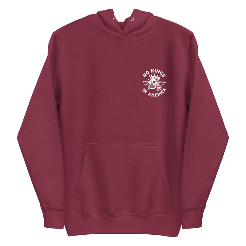 maroon hoodie with "No Kings in America" design (front)