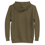 military green hoodie with "Radicalized By Basic Decency" design (back)