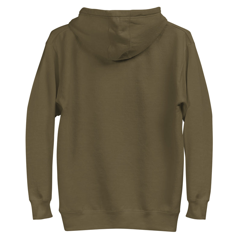military green hoodie with "Radicalized By Basic Decency" design (back)